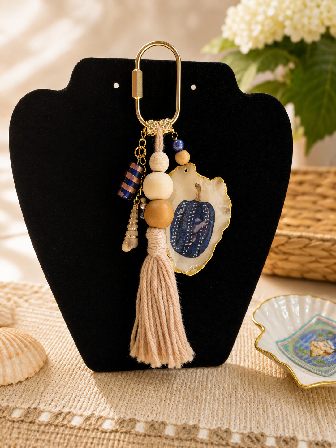 Decoupage Shell Bag Charm-Blue Pumpkin