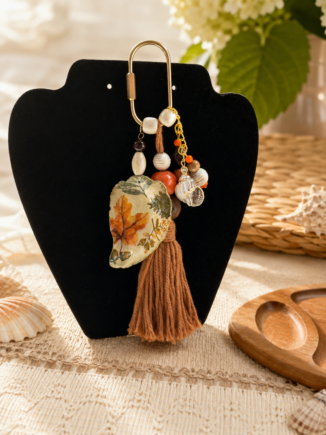 Decoupage Shell Bag Charm-Fall Leaf