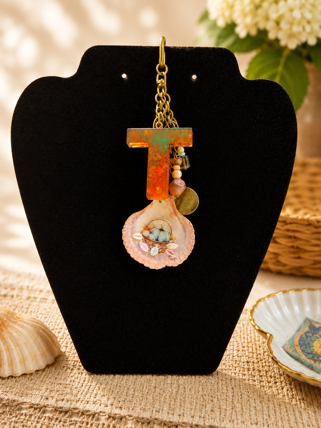 Personalized Decoupage Shell Bag Charm-Fall Basket
