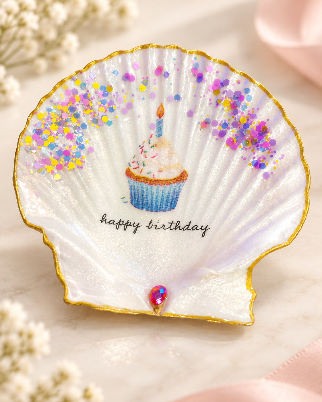 Decaupage Sea Shell - Purple Happy Birthday